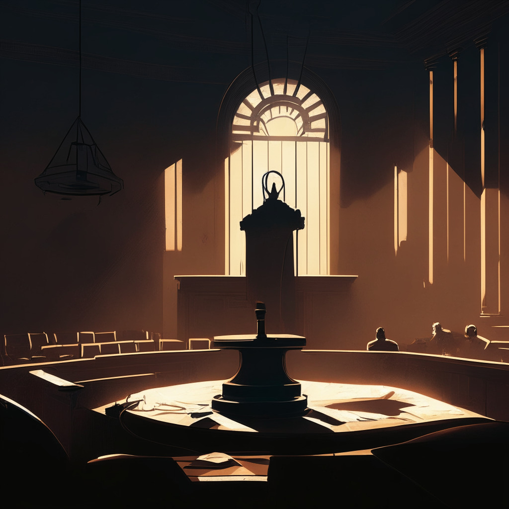 A somber courtroom bathed in cool morning light, a symbolic gavel hitting on a blockchain, casting cracks that transform into intricate digital structures. A shadowy figure, representing LBRY, defiantly stands against the judgment. The atmosphere evokes a sense of tension as a backdrop of an abstractly rendered financial landscape, hinting at uncertainty yet hope for regulation in the crypto world.