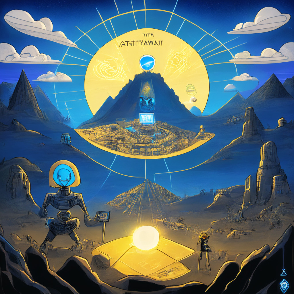 Dynamic depiction of an intense crypto-universe, featuring radiant avatar representing Terra Luna Classic amidst a recovering landscape, reflecting a glimmer of hope, a massive ballot box symbolic of governance proposals, accompanied by a rising line chart. Opposite it, a mysteriously appealing robotic character symbolizing new entrant Meme Kombat, surrounded by shields of potential, illustrated memes, and a passive income shower of tokens. Conveying the volatility of the crypto-market, use an art style reminiscent of a vibrant comic inspired by futurism, with high contrast lighting emphasizing drama and unpredictability, and a mood oscillating between caution and excitement.