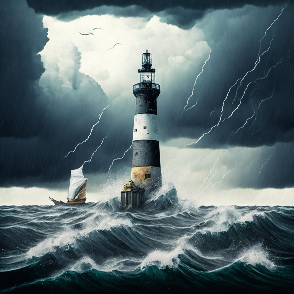 A juxtaposed scene with a half-sunken ship, representing LUNC's falling value, despite upgrades. Water around is stormy, reinforcing the riskiness. The sky above is teeming with gray, ominous clouds, emphasizing the uncertain future. On the other side, a modern lighthouse brightly illuminating, symbolizing Bitcoin Derivatives' promising rise, stands strong. The lighthouse is designed with Bitcoin elements and a chain, evident of Binance Smart Chain integration. Artistic style channels chiaroscuro, intense contrast between light and dark to deepen the mood, emphasizing the promising lighthouse against LUNC's gloomy backdrop.