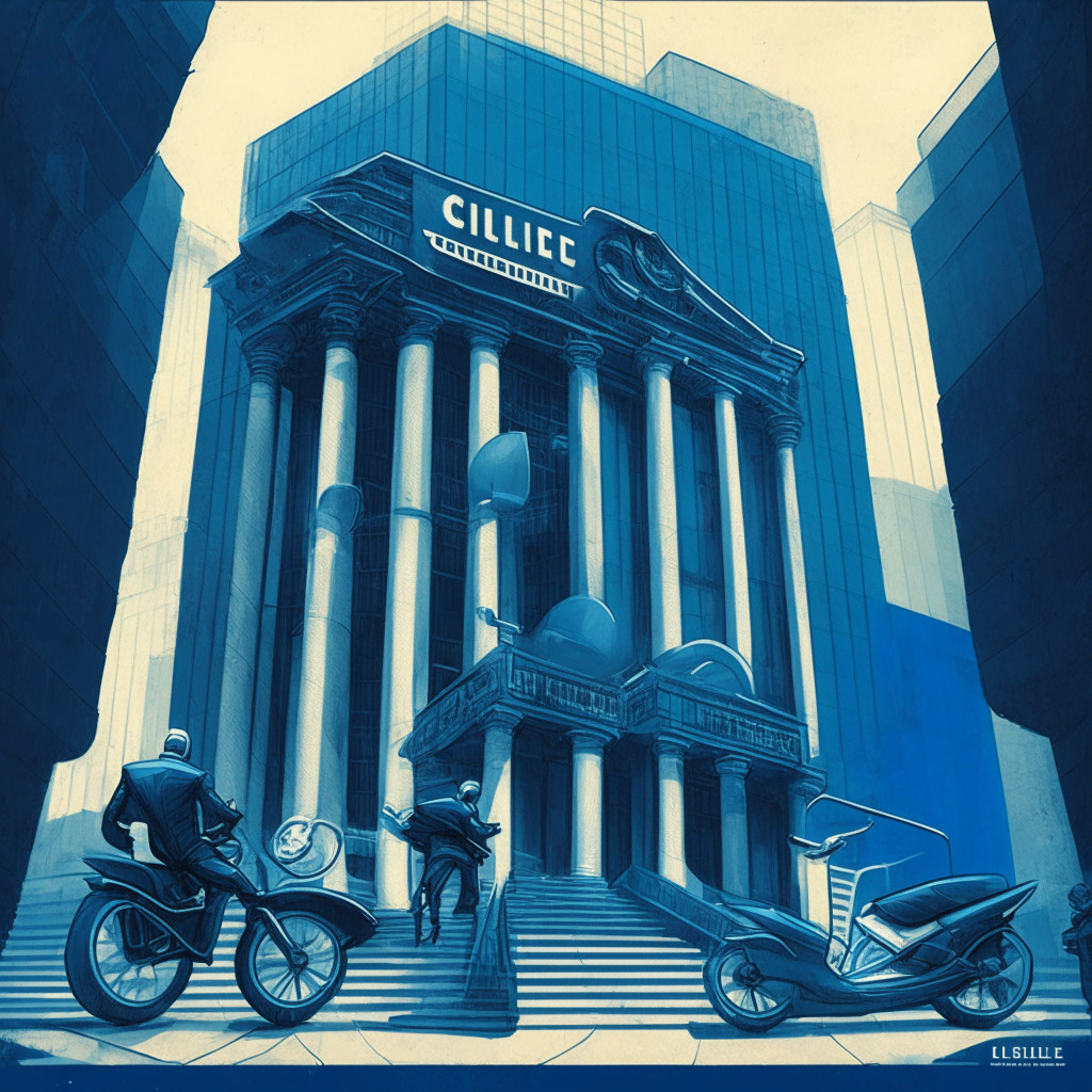 A courthouse nestled in a bustling, urban setting, towering high with a banner of justice unfurled, representing a landmark ruling in the cryptoverse. Crypto coins, symbolic of HelbizCoin, spilling out from an electric scooter, symbolizing the firm at the heart of the suit. Faint images of legal documents tinted in deep blue colors, with harsh waves eroding their edges, alluding to the challenge of transgressions in the cryptosea. The mood is a mix of triumph and caution, bathed under the sharp scrutiny of daylight, with a single ray of hope piercing through the sky- a nod to the hope for improved regulation in the crypto realm.