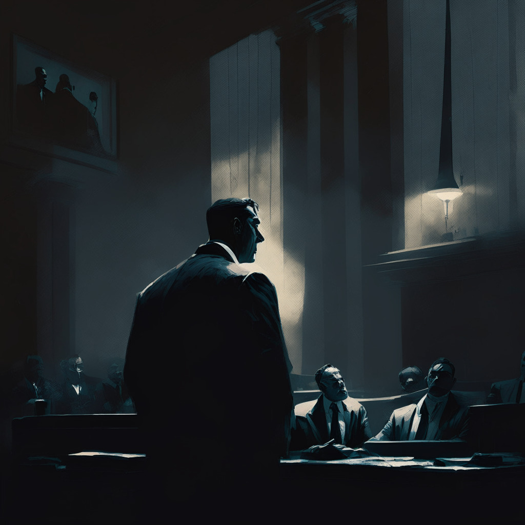 Late evening courtroom scene bathed in soft, somber lighting. Central figure - a disgraced businessman marked by regret. In the background, ominous representation of pyramid scheme fragments in shadowy blues and grays. Mood: unsettling yet poignant, a play of light and darkness symbolizing regulatory challenges in crypto-landscape.