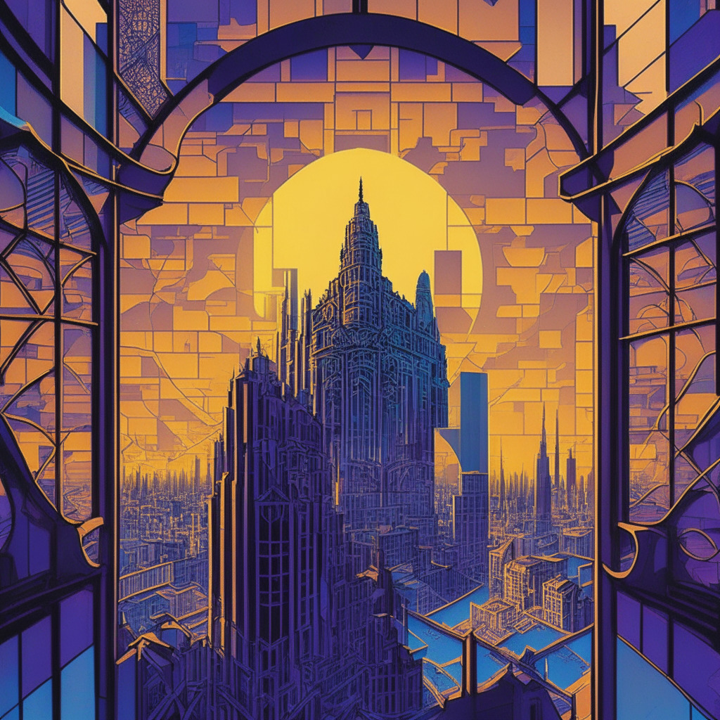 Sunset over an intricate blockchain city, reflecting golden hues onto the windows, court buildings and landmarks prominent. Shades of blue and purple tinting the sky, symbolizing impending change. Highlighted, a key figure stands, representing the CTO of a crypto giant, under scrutiny. Mood: anticipation, conflict, hope. Art Style: Futurist meets Escher.