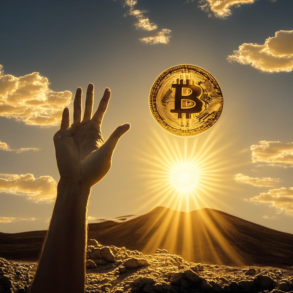 A symbolic representation of Bitcoin under the control of the US government, depicted as an enormous, shimmering golden coin held aloft by an outstretched, stony hand symbol of authority. The gold-tinged setting sun creates sharp, long shadows, casting a bit of melancholy over the vast landscape. Signal the rise of a promising alternative, the image also includes a strikingly gleaming representation of the Bitcoin BSC token rising on the horizon, amid momentous clouds, imbued with the colors of a new dawn, signifying hope and growth. Mood is somber yet optimistic.