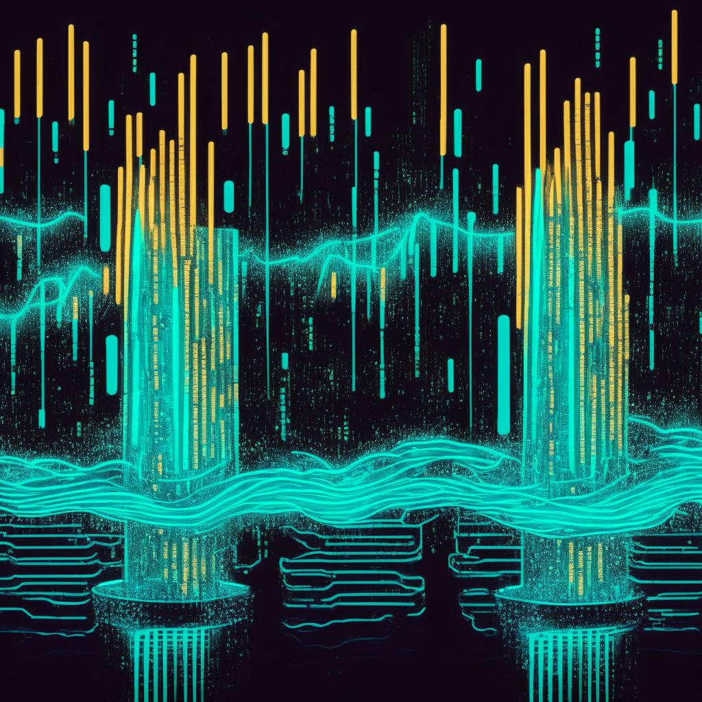 An abstract, digitally-etched scene symbolizing digital cryptocurrency markets. Low and high latency represented by fluid vs jagged currents flowing between two points, possibly represented as server towers. Lights glow swiftly or dully to signify the speed of transactions. The colors might alternate between cool and warm, displaying smooth exchange versus periods of intense market fluctuation. Illustrate the mood as volatile and dynamic, yet subtly optimistic to express the beauty within the compromises of trading.
