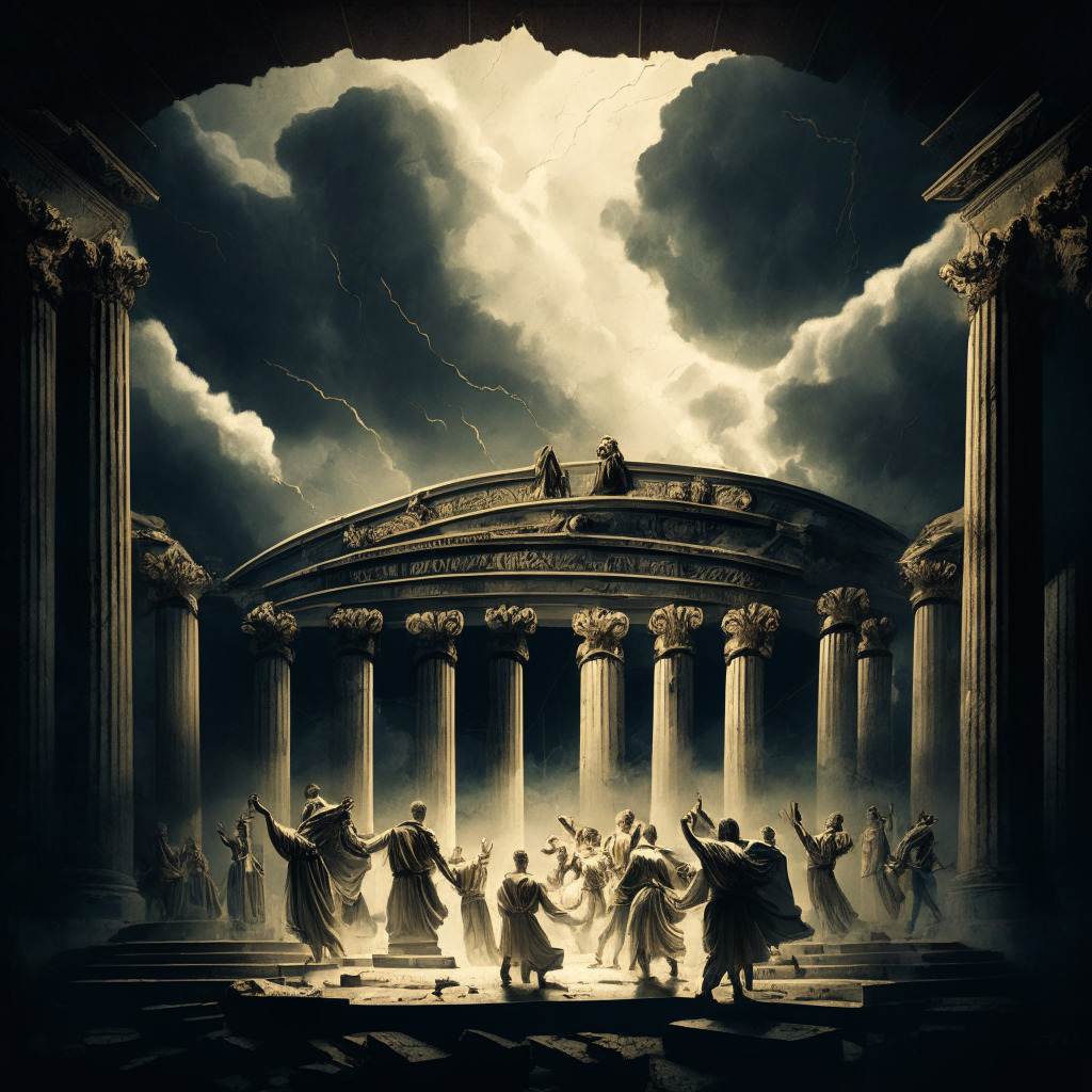A dramatic visual interpretation of an ancient amphitheatre under stormy skies, representing the volatile cryptocurrency market. Centre stage, triumphant figures of lawyers, accountants, consultants depicted in neoclassical style, clutching golden coins, symbolizing wealth drawn from instability. Subdued light portraying mood of uncertainty, shadows creating air of intrigue.