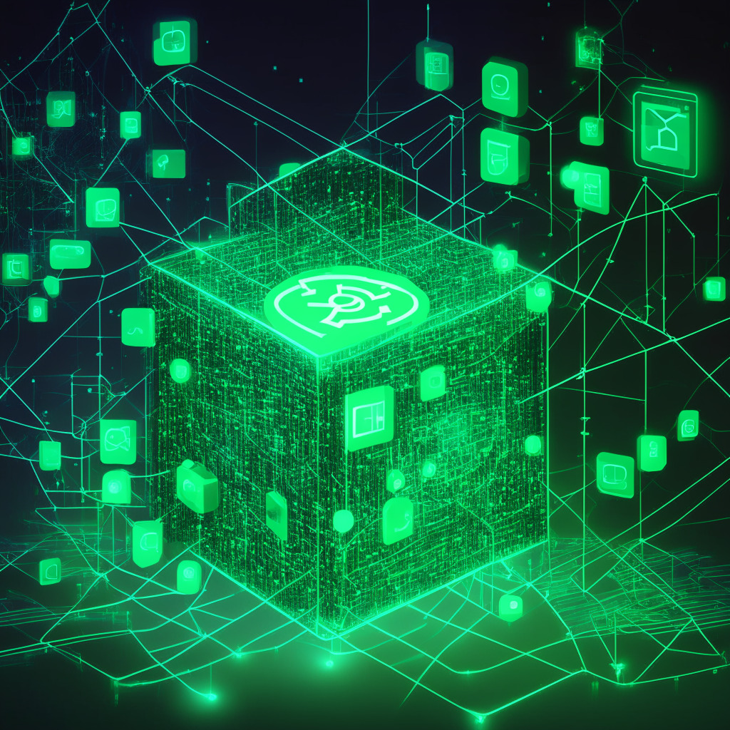 A digital concept-art of a blockchain structure bridging with popular social media icons symbolizing Facebook, Google, Twitch. The scene is lit with cool, cryptographic green light, highlighting the transcendence from Web2 to Web3. While sleek and engaging, the artwork should hold an undertone of caution and surveillance to suggest possible security risks.