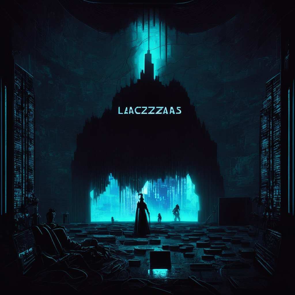 A dark, sinister lair representing the North Korean hacking group Lazarus, with a ghostly figure looming over a futuristic digital landscape of glittering cryptocurrencies. Scene lit by the eerie glow of computer screens, casting long shadows. Art style combines cyberpunk aesthetics with film noir undertones to symbolize the threat to crypto security. Brings an atmosphere of danger, and impending doom yet holds a glimmer of hope.