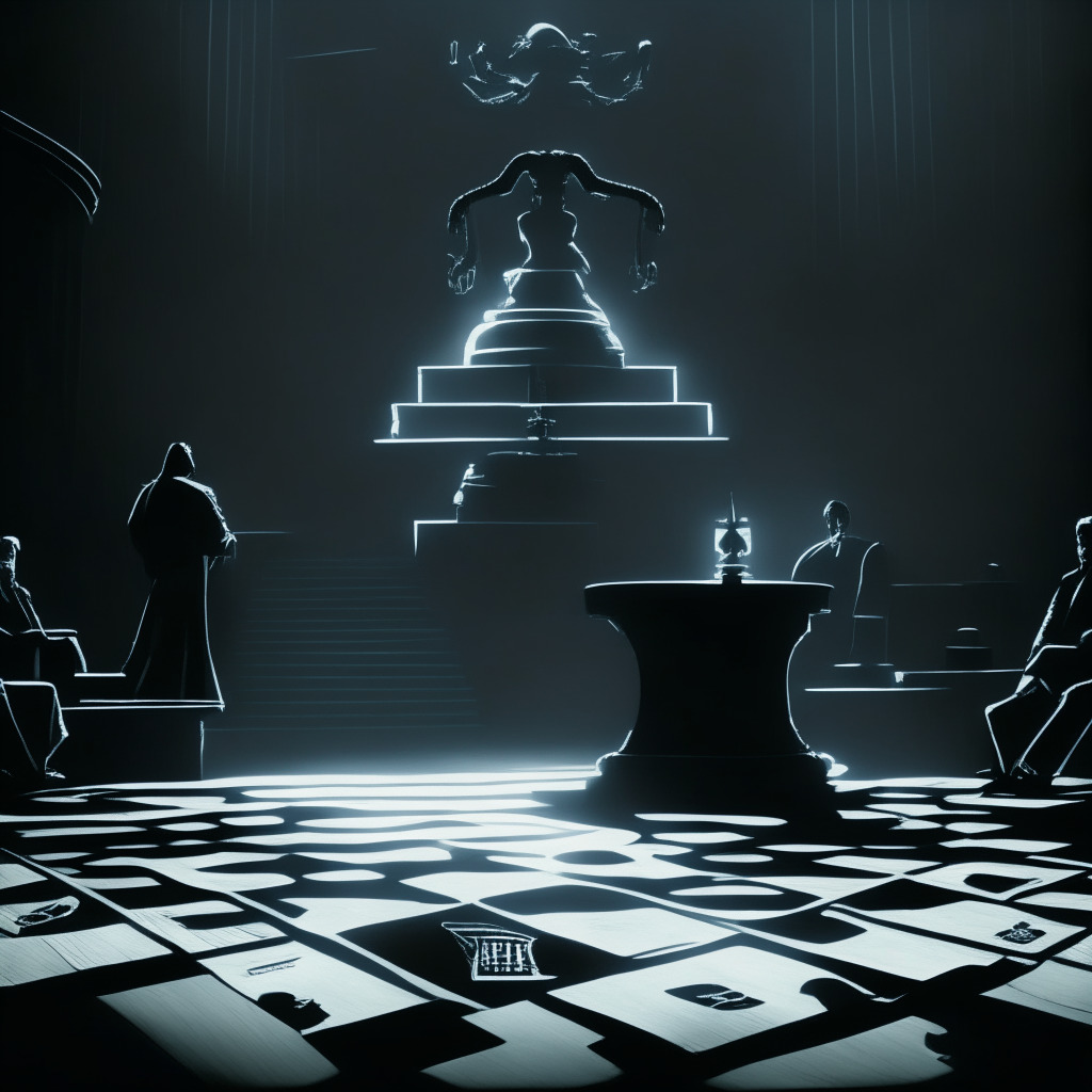 Dramatic courtroom scene, dimly lit, tension palpable. Center-stage: stern protagonist 'attorney', flanked by contrasting light and shadow, conveying a hard-fought battle. Background: ominous specter of a large gavel symbolic of the SEC, looming. Foreground: 'cryptocurrency symbols', embossed as pawns on a chessboard. Translucent digital overlay mimicking the blurry lines of legal statutes. Mood: fraught, intense.