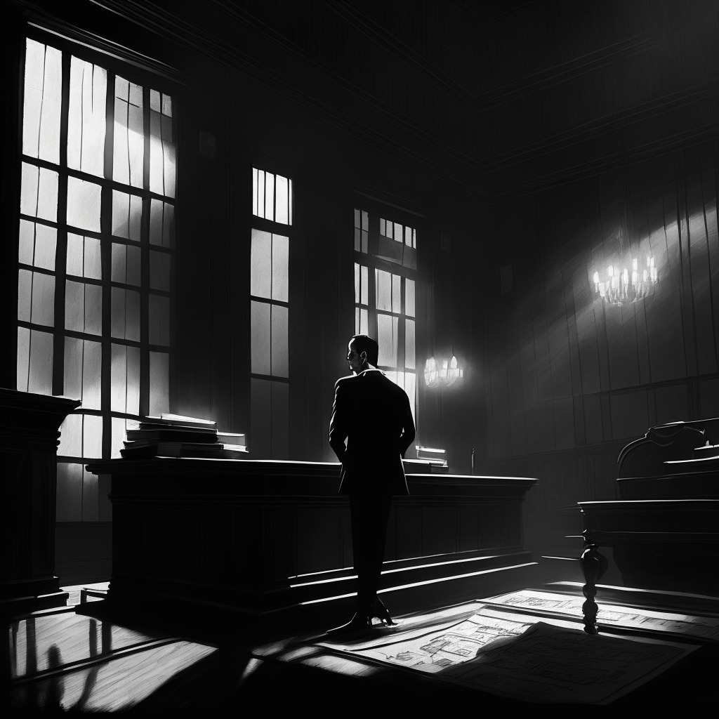 Strictly composed courtroom interior, flickering soft ambient light illuminating granite walls and dark stained wooden deck. A man in a neat tailored suit looks determined yet composed. A weighty tome of documents subtly hinting at the intricacies of crypto matters lies open. Stylized in a moody, noir artistic style to symbolize the high stakes of an impending trial.
