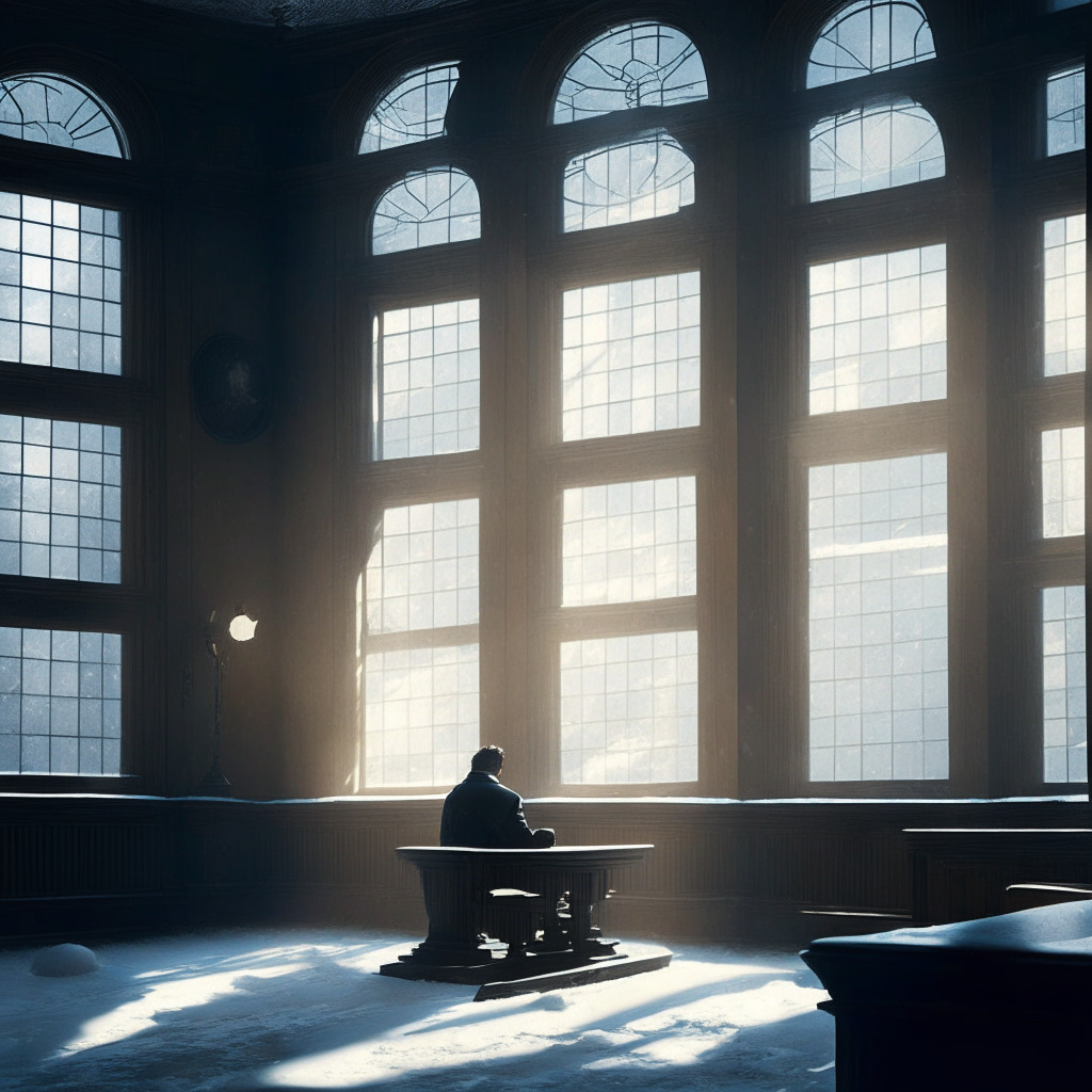 A courtroom bathed in subdued morning light, Alex Mashinsky contemplates a monetary symbol, embodying his frozen assets - a mix of traditional banking & real estate holdings. The outside world, visible through a window, shows hints of a snowy winter, reflecting the chilling grip of the crypto winter. Mood is tense, highlighting the conflict between traditional law and the cryptosphere.