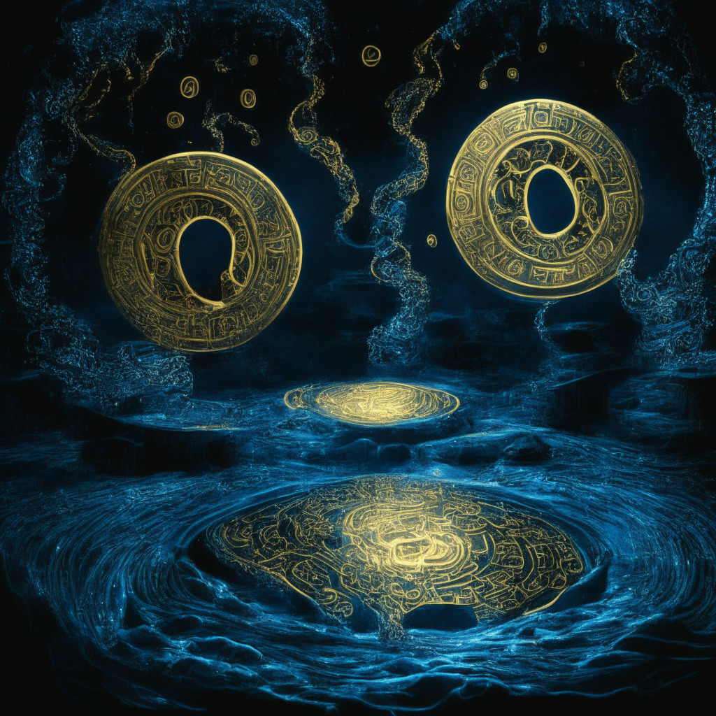 Night scene, swirling whirlpool of gleaming gold and icy blue coins symbolizing liquidity, cast under dramatic noir lighting. Amidst this, two colossal entities shaped from intricate cryptographic patterns - one gold and the other silver, merge, indicating cross-chain transactions. Emanating from the cosmic background is an aurora-like illumination, hinting at staking and blockchain, with hints of tension and excitement permeating the scene, representing the contradiction and potential risks of centralization.