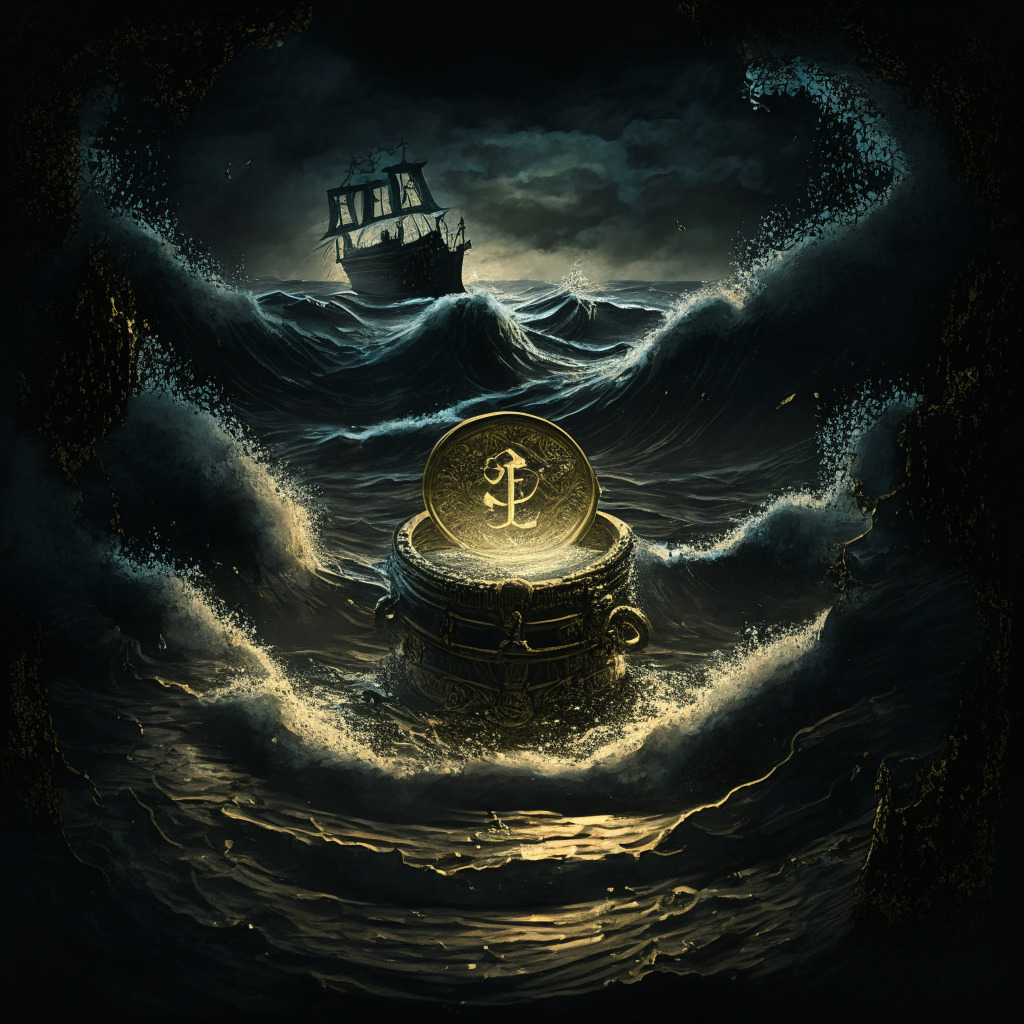 Detailed image of turbulent waters on an inky black sea,Dark shadows symbolizing uncertainty in the distance, A spotlight illuminating a treasure chest containing a golden Ethereum coin signifying staked tokens, A magnifying glass hovering over code to represent security testing, Renaissance style with a dramatic, somber mood.