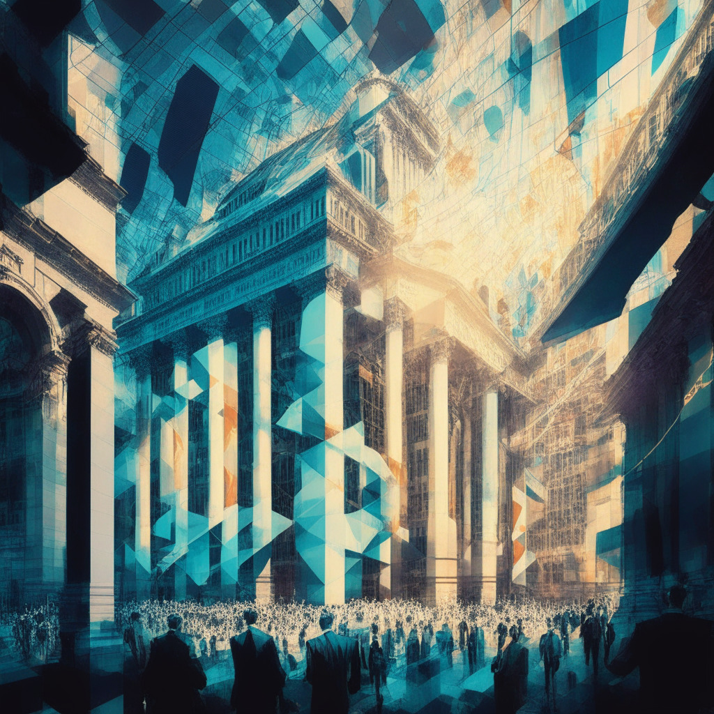 A modernised London Stock Exchange bustling with activity under soft, early morning sunlight. Surrounded by streams of data, ethereal binary code threads weave through the architecture, symbolising blockchain. A distinct cubist style adds a sense of paradigm shift, capturing the pioneering mood of change, revolution & potential risk.