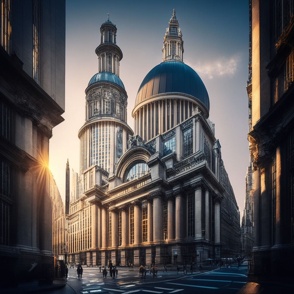 A traditional London cityscape featuring the landmark London Stock Exchange building subtly intertwined with futuristic, blockchain-inspired elements. The building radiates warm, late afternoon light and embodies an aura of transition and evolution. The mood should be of anticipation and innovation, hinting at a future where tradition merges with digital advancements.