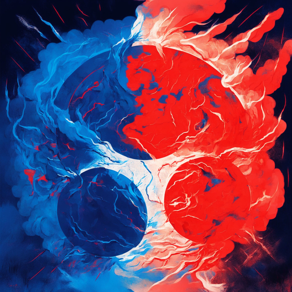 An abstract illustration of two cryptocoins clashing in a fiery gradient-tinged storm of red and blue hues, metaphorically symbolizing Luna Classic and Wall Street Memes. Broad forceful strokes portray a turbulent investment atmosphere accentuated by radiant, piercing shafts of light cutting through the tumult. Token symbols subtly embedded in the tempest, mixed media style blending organic with digital, casting an intense yet mysterious mood.