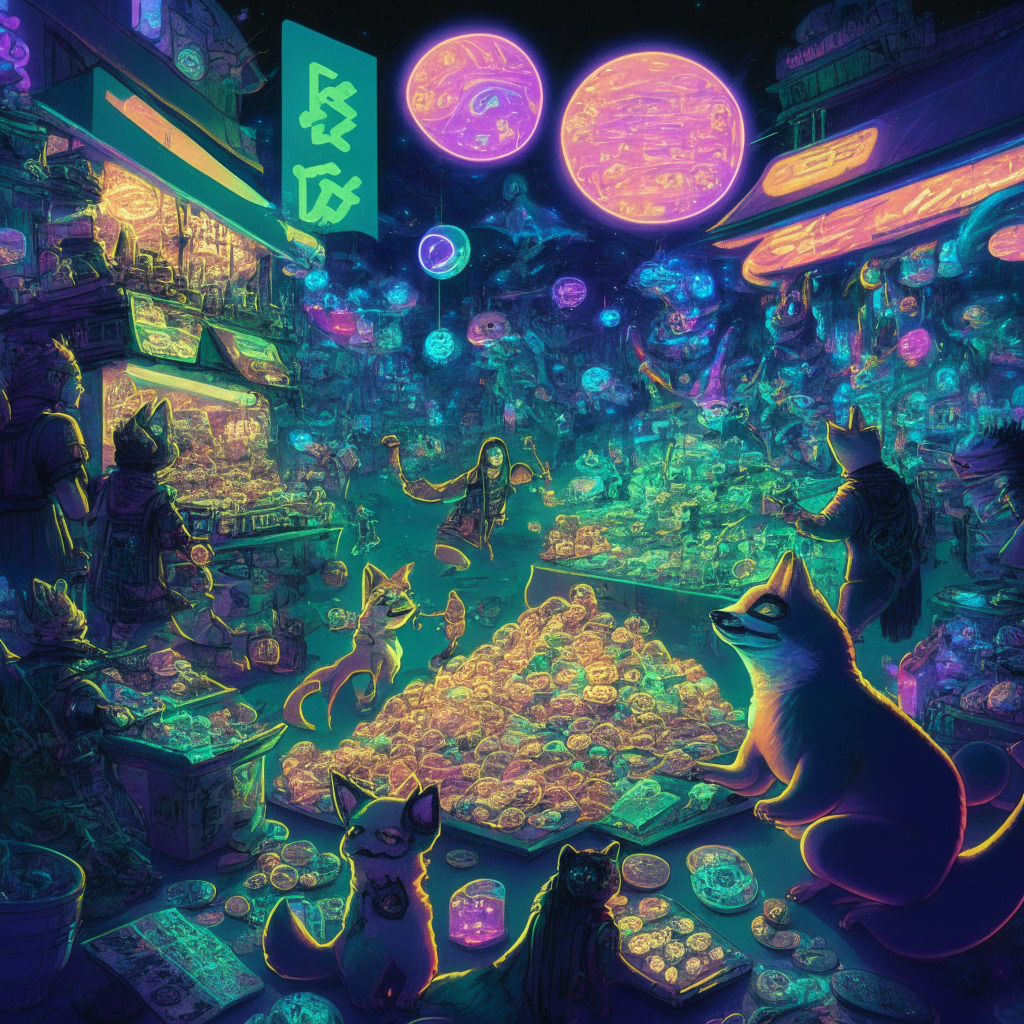 An expansive representation of a frenetic, bustling digital marketplace under a cybernetic, neon-lit sky - tokens, coins, and digital orbs float and dart. Intermix meme figure of Shiba Inu and Pepe the Frog, spiritedly negotiating, symbolizing tribal crypto collectives. As dusk blends into night, reflect the SHEPE token's double-bottomed consolidation, a comet-like symbol streaking, denoting a significant upward trajectory. The mood is electrifying, teetering on the balance of fortune and fall, stand a gigantic digital billboard with Wall Street Memes logo fading in, igniting anticipation amongst the crowd. Subtle shadows cast uncertainty, echoing the volatile, high-stake nature of the meme cryptocurrencies.