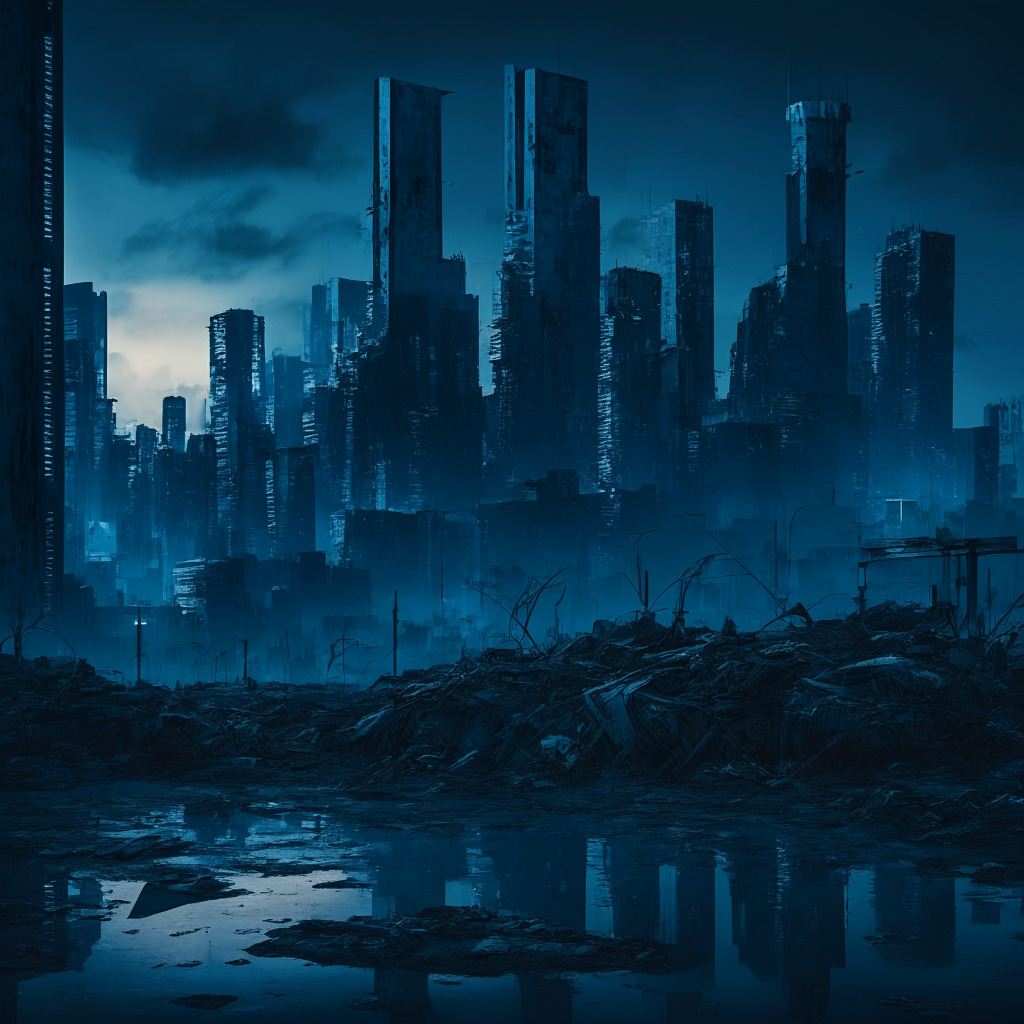 Dystopian city-scape awash in cool blues and grays at twilight, signifying a bearish market trend. Prominent digital coins like Bitcoin, Ethereum, Binance Coin, rusting with outflows. In the backdrop, faintly illuminated buildings symbolizing Brazil, Germany, Canada, and the US, starkly contrasting the depleting assets.