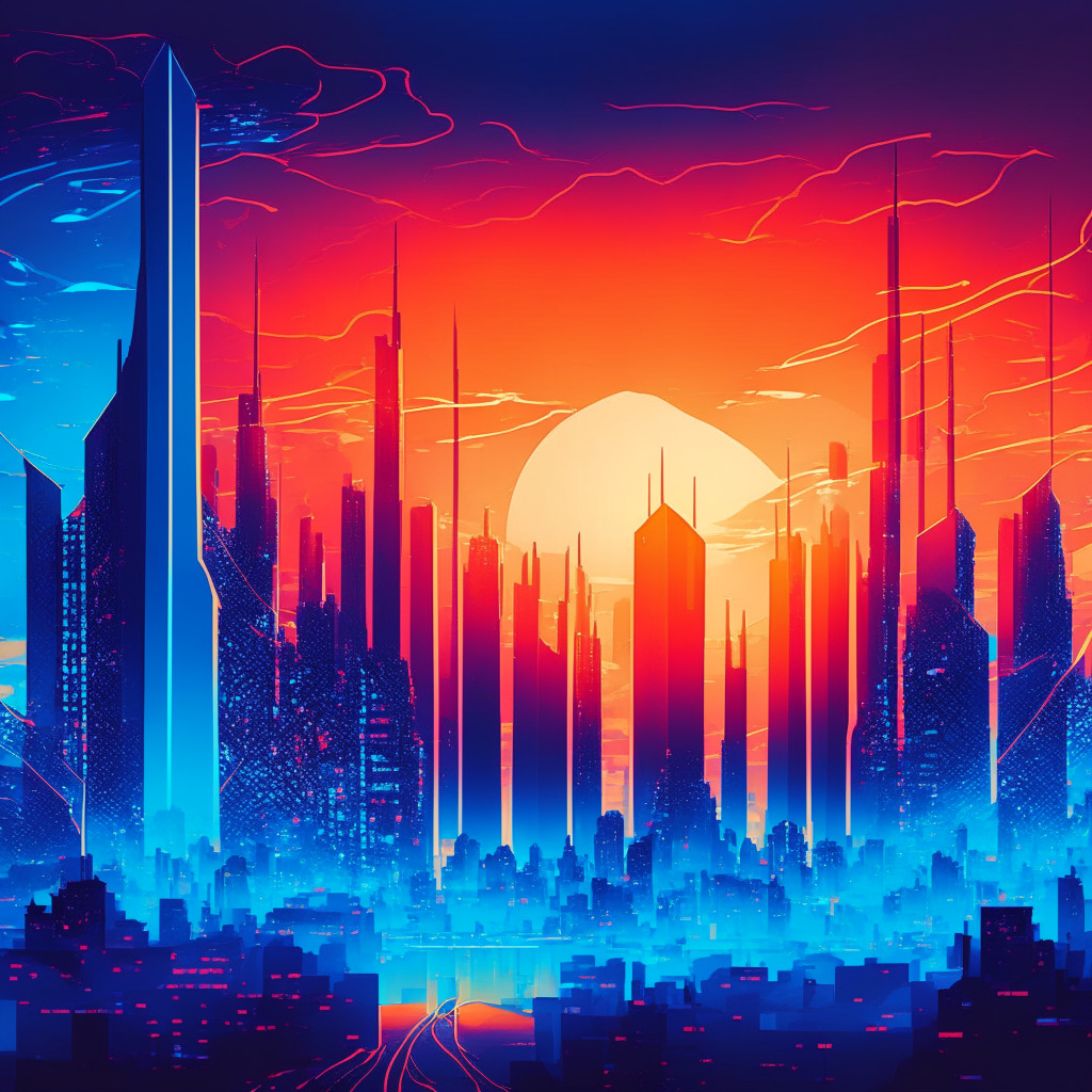 A futuristic, radiant cityscape at sunset, symbolizing Manta Network's launch in Layer 2, teeming with advanced tech buildings and a hub of decentralized application (DApp) development. The image should display a sense of optimism yet caution. Infused with a cool blue color palette to signify blockchain integration, overlap with punctuated elements of fiery red to depict regulatory challenges.