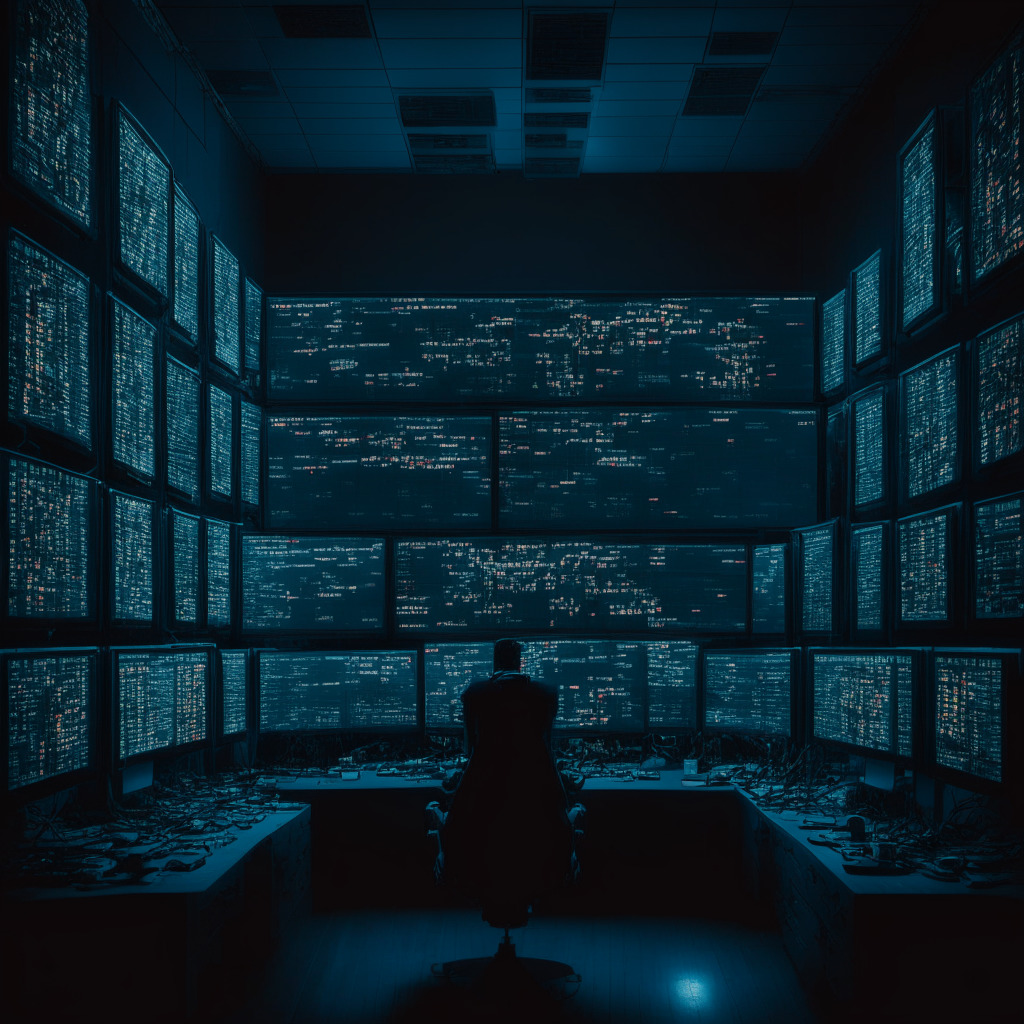 A dimly lit cybersecurity control room filled with monitors displaying complex datasets, lines of code, and cryptocurrency graphics. A visible sense of alarm and urgency in the air. Among the flurry, a glitch appears on one screen, signifying an invalid block in the Bitcoin chain, mired in an intricate web of 1 and 0s. In the corner of the room, a painted portrait of a Bitcoin network validator, painted in post-impressionist style, hangs. Silver linings of light cautiously penetrate from the edges of the room, signifying hope and reassurance as the glitch dissipates soon, highlighting Bitcoin's solid defense mechanism. A stylistic shift occurs on the screens, displaying the preparation for the next ambitious mining process, reflecting the enduring strength and persistence in the face of adversity.