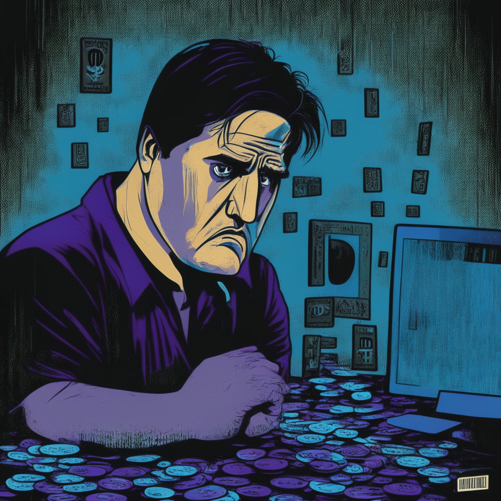 Depiction of Mark Cuban looking distraught over a computer screen, revealing a crypto wallet leaking various tokens like ETH and RARE, representing monetary loss. The style should be surrealist with dark, intense hues, Judicious use of shadows to evoke a brooding, cautionary mood.