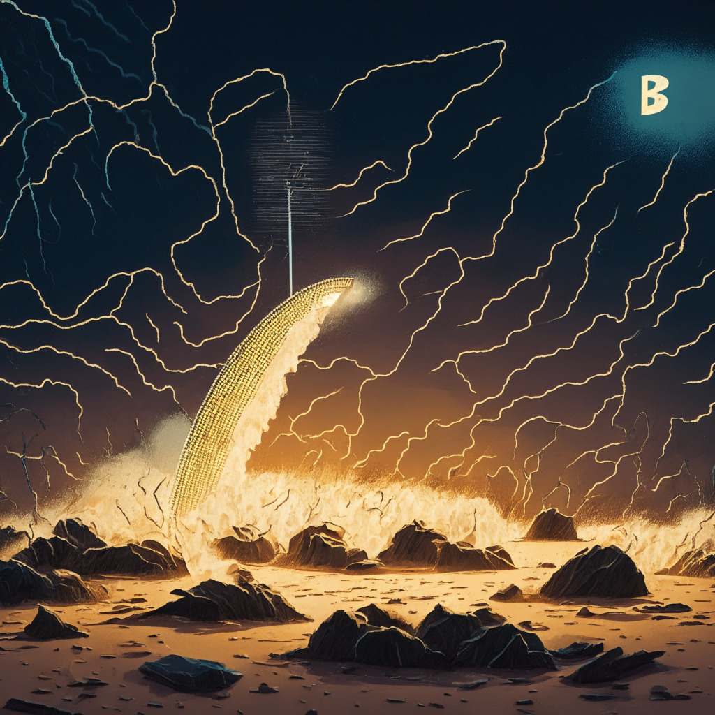 A volatile cryptocurrency market scene captures the late night rollercoaster ride. Bitcoins tumble like shooting stars against a dark, stormy sky; a representation of market panic. Ether tokens sink into a tumultuous ocean, symbolizing a half-yearly low. A flash of light casts a long shadow over a desert-like landscape, mirroring anticipated short squeeze. The dramatic color scheme enhances the sense of unease and financial turbulence.