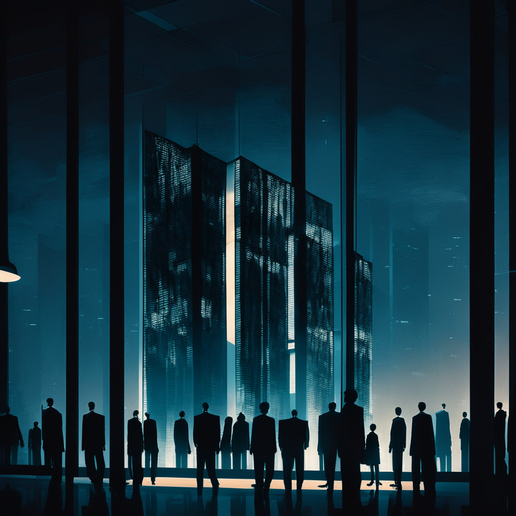 Nighttime scene at a massive futuristic skyscraper symbolizing a leading crypto exchange, shadowy figures representative of executives exiting. Light illuminating select office windows highlighting transition, solemn monochromatic color scheme to evoke unease and skepticism, sporadic bursts of warm light hint at optimism amidst skepticism.