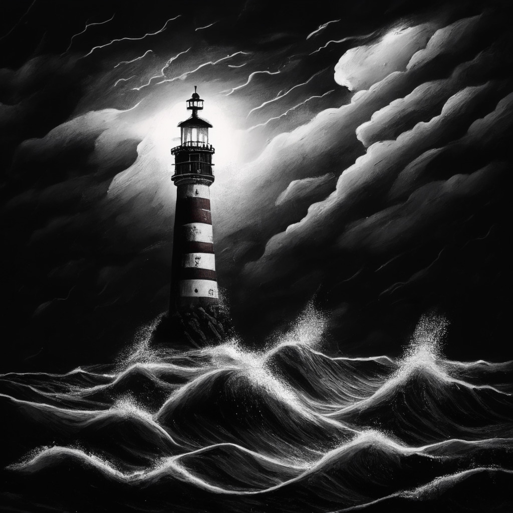 Depict a vast, turbulent ocean during twilight, under a moody, stormy sky to represent the 'flight of capital' from the crypto market. Include a red candle sinking in the water to symbolize Bitcoin's significant drop. On the horizon, display hope in the form of a lighthouse - representing Grayscale's legal victory. Incorporate elements of superposition to show market volatility and potential.