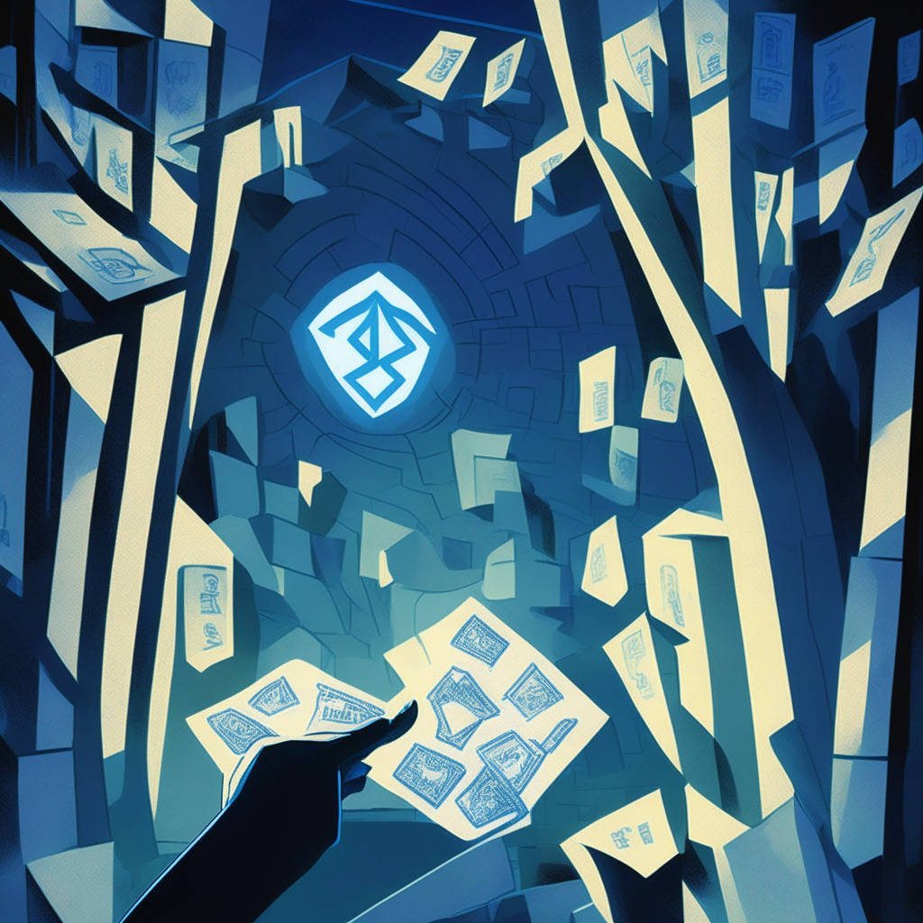 An abstract visualization of a crypto bridge, Solana Wallet handing over an array of gleaming altcoin tokens to Ethereum network. Mixed lighting, ominous shadows symbolizing uncertainty. Convey a surreal, mysterious mood using a cubist style reminiscent of Picasso's blue period. Detail a legal document hovering, surrounded by question marks, and a subtle calendar marking 13th of September.