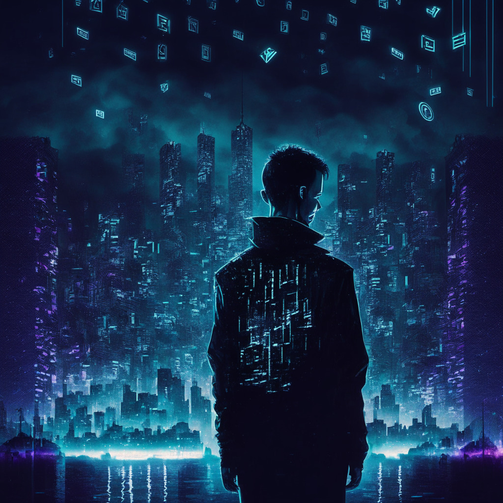 A nocturnal cityscape fuses with a technology-themed tableau, LED-lit Ethereum coins scattering from a vibrant digital wallet, heading toward various exchange platforms, Cyberpunk style, sinister atmosphere. Misty skyline backdrops a transparent silhouette of Vitalik Buterin creating a reflective mood. A decentralised network (Chainlink) looms ominously in the distance.
