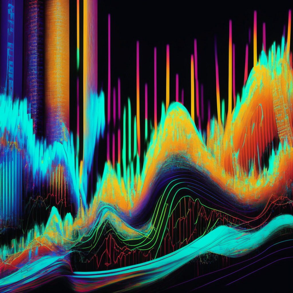 An expressively painted trading scene in the style of futuristic impressionism. A tool represents Bollinger Bands with three separate, undulating lines in vibrant hues, upper-most showcasing sharp volatility amidst a dynamic crypto market, middle line signifying steady averages, the lower line hinting at potential turnarounds. Atmosphere is intense, with bursts of light symbolizing market activities against darker toned stretches for quieter times, suggesting trend reversals. Overarching mood is tense yet focused.