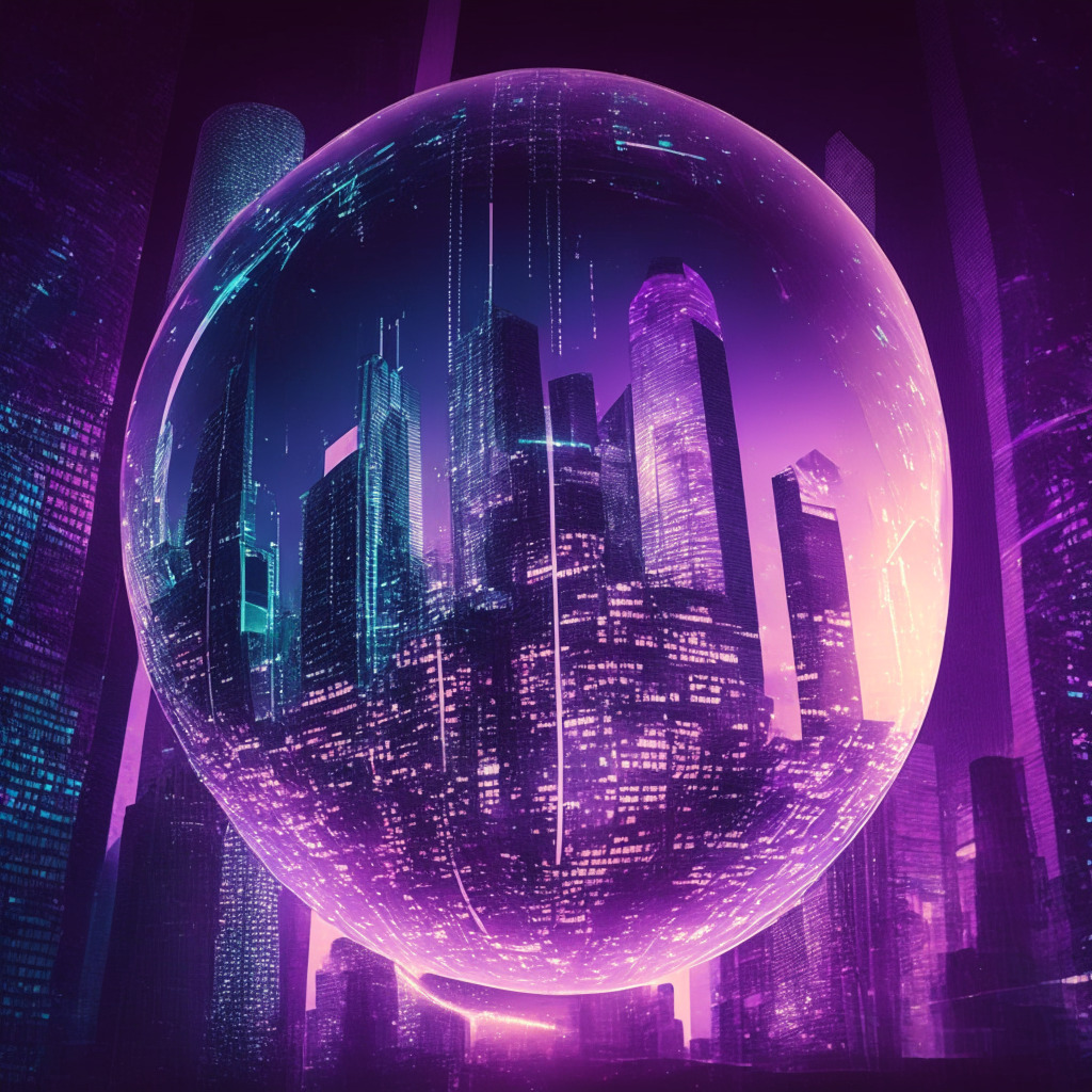 Imagery of a technologically advanced, dawn-lit financial district connotes a new era in decentralised finance, with ethereal lights reflecting on futuristic skyscrapers suggesting the glow of new opportunities. A transparent globe placed centrally, emits a radiant mauve aura, symbolising Mauve, the decentralized exchange and the future of on-chain assets. A shattered traditional bank building in the background, represents the fallout of centralized exchanges. The mood of the image is hopeful, bold and ambitious, depicting a revolutionary phase in the financial world.