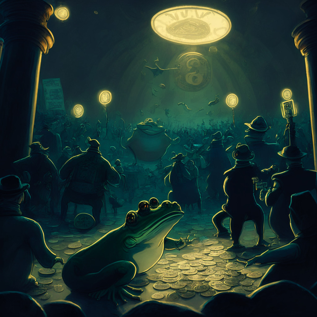 A chaotic cryptocurrency market scene under moody, dramatic lighting. In the foreground, a triumphant frog (representing PEPE coin) stands on a sharply upward-curving line. Behind, shadowy whale figures manipulate the market, a watchful eye on the frog. In the distance, a faintly glowing beacon signifies new altcoins. The style is reminiscent of a baroque painting, dramatic, dark with emphasis on light and shadow, evoking risk, opportunity, and an atmosphere of precarious triumph.