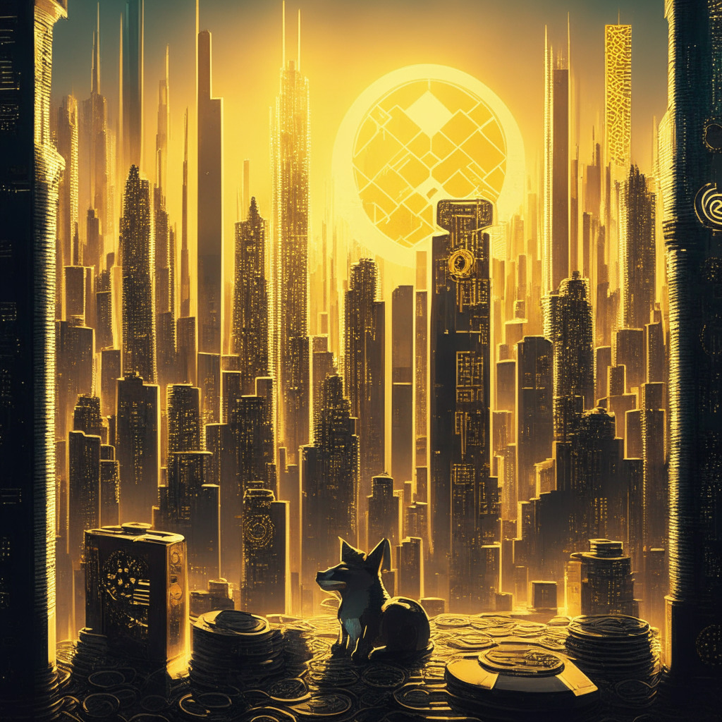A cybernetic city representing the crypto landscape, technological and vibrant, with skyscrapers etched with meme coin symbols like Shiba Inu, Dogecoin, and Wall Street Memes. The city, basked in the warm glow of prosperity, has areas covered by shadows symbolizing regulatory uncertainties and competition. The mood is exciting yet tense.