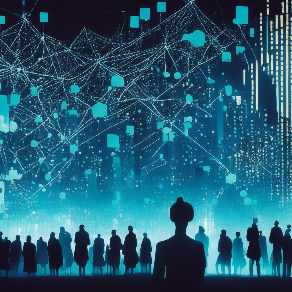 A digital tableau illustrating a futuristic metropolis of glowing interconnected networks nodding to the idea of new feature facilitating ETH to fiat conversion. A crowd of symbolic silhouettes representing crypto user diversity, under the aurora of a shifting, dichromatic sky signifying potential risks and opportunities. Intentionally integrate a touch of film noir style for ambience, blending tension and expectation, encapsulating the allure and perils in the expanding crypto sphere.