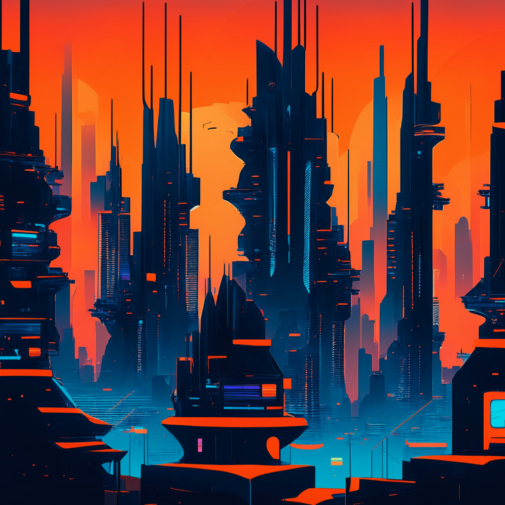 An abstract representation of a futuristic cityscape at dusk symbolizing the burgeoning technological realm, with prominently featured vibrant AI nuclei and subtle depictions of server buildings. The mood is a blend of optimism and tension, conveyed through a color scheme of rich blues and energizing oranges. Dim, soft lighting further hints at uncertainties ahead.