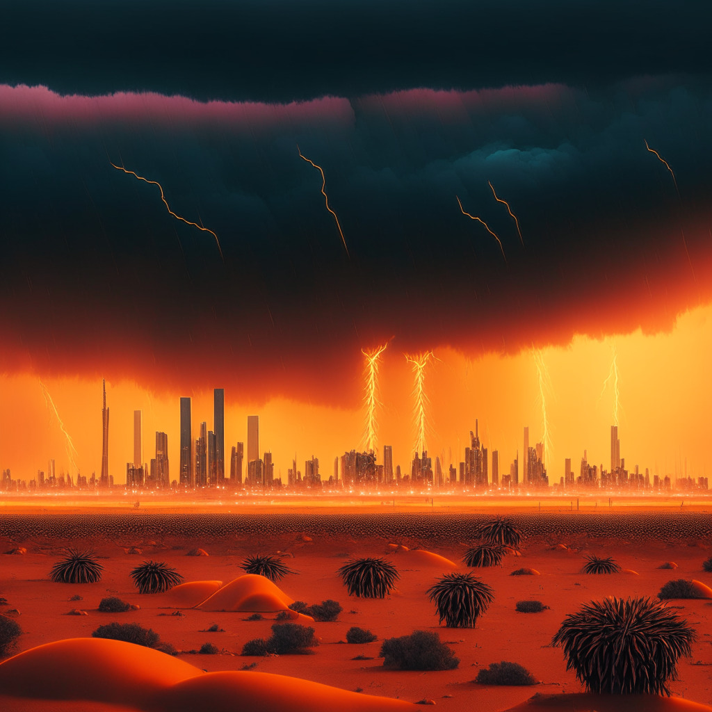 Surrealistic image of a dark, stormy desert landscape, ominous weather pattern above a secretive Bitcoin mining infrastructure pulsating with a vibrant, orange glow. Thunder clouds reflecting the erratic digital currency fluctuations. A futuristic city skyline hinting at Abhu Dhabi, a lone cactus symbolising the Texas facility in the distance. The mood is unruly, evoking uncertainty entwined with determined hope.