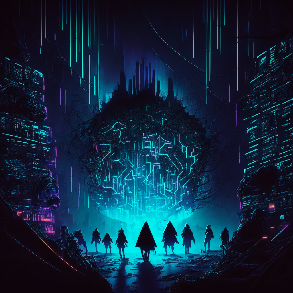 A dark, tumultuous cyber landscape shrouded in shadows, illustrating a blockchain network under attack. The center hosts a massive, glowing vault, cracked with digital assets like Bitcoin and Ethereum spilling out, illustrating a data breach. Futuristic hackers lurking on the edges, their faces concealed by neon-lit hoods, subtly hinting at the criminal act. Overhead, flamboyant lingual coding patterns dart across the sky, silently penetrating defenses, an ode to nocturnal hacking operations. In contrast, front and center, a transparent blockchain warrior shimmers under the moon's glow. He's strategizing, illustrating the countermeasures being hastily employed. Intangible, neon bond tokens float from his extended hand, symbolizing the innovative recovery plan. Overall mood - A suspenseful, cinematic, cyber noir scene, glowing under the moon's ethereal teal light, a visual metaphor to the cybernetic struggle between security and vulnerability.