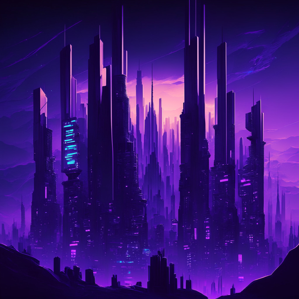 A luminous, futuristic metropolis representing the new Web3 gaming era, with blockchain constructs and floating NFT symbols. Set in twilight hues of blues and purples for a mysterious vibe, capturing both optimism and skepticism about the novel Mocaverse. Layered skyline signifies growth, while shadows hint at potential risks.