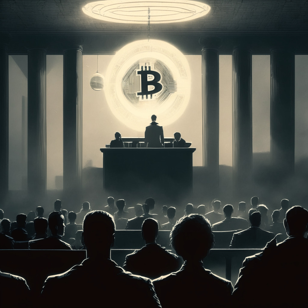 A neo-noir style image of a large bitcoin symbol looming ominously over a tense courtroom scene filled with anxious observers. The room is subtly illuminated by an overcast skylight, casting an air of suspense and intriguing uncertainty. The scene symbolises the postponement of creditor repayments from the defunct Mt. Gox exchange.