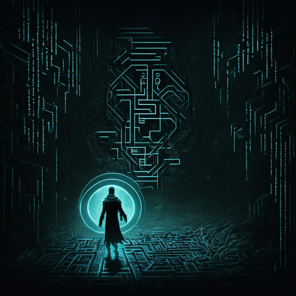 A dimly lit digital space scene, noir art style, an avatar symbolizing NFT God regaining ethereal digital assets against a backdrop of ominous Russian hacker icons. Mood: Tense recovery. Faint trails of light representing the cybersecurity chase, intricate binary codes creating a grim maze, symbolizing perilous crypto world and shifting market dynamics.