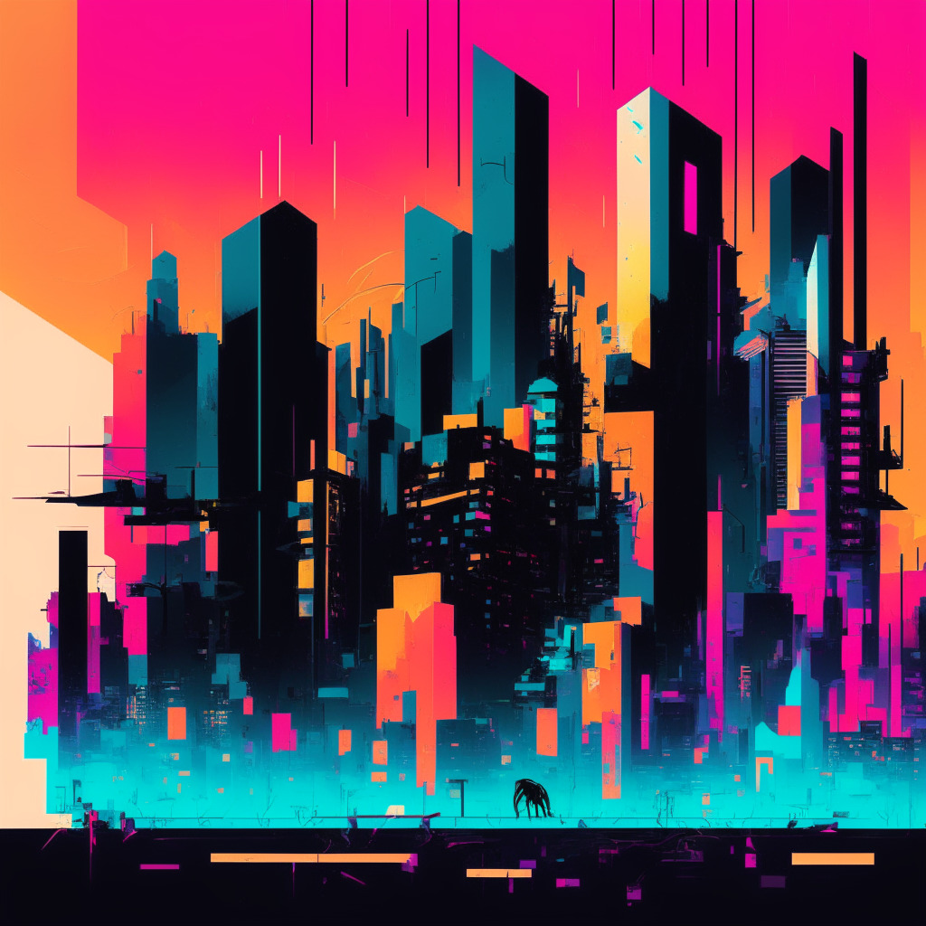 An abstract digital landscape reflecting the rise and fall of NFTs, two contrasted halves depicting a once prosperous city with gleaming digital skyscrapers, flashing neon colors, filled with metaphorical representations of sought-after collections such as symbolic Bored Apes, CryptoPunks. The city smoothly transitions into a ghost town, sprawling with faded, defunct digital assets, shadows of once valuable NFT collections, under a gloomy overcast with a hopeful ray of light in the distant horizon hinting at potential resurgence, all painted in a surrealistic digital art style, emphasizing the mood of uncertain melancholy and evoking optimism.