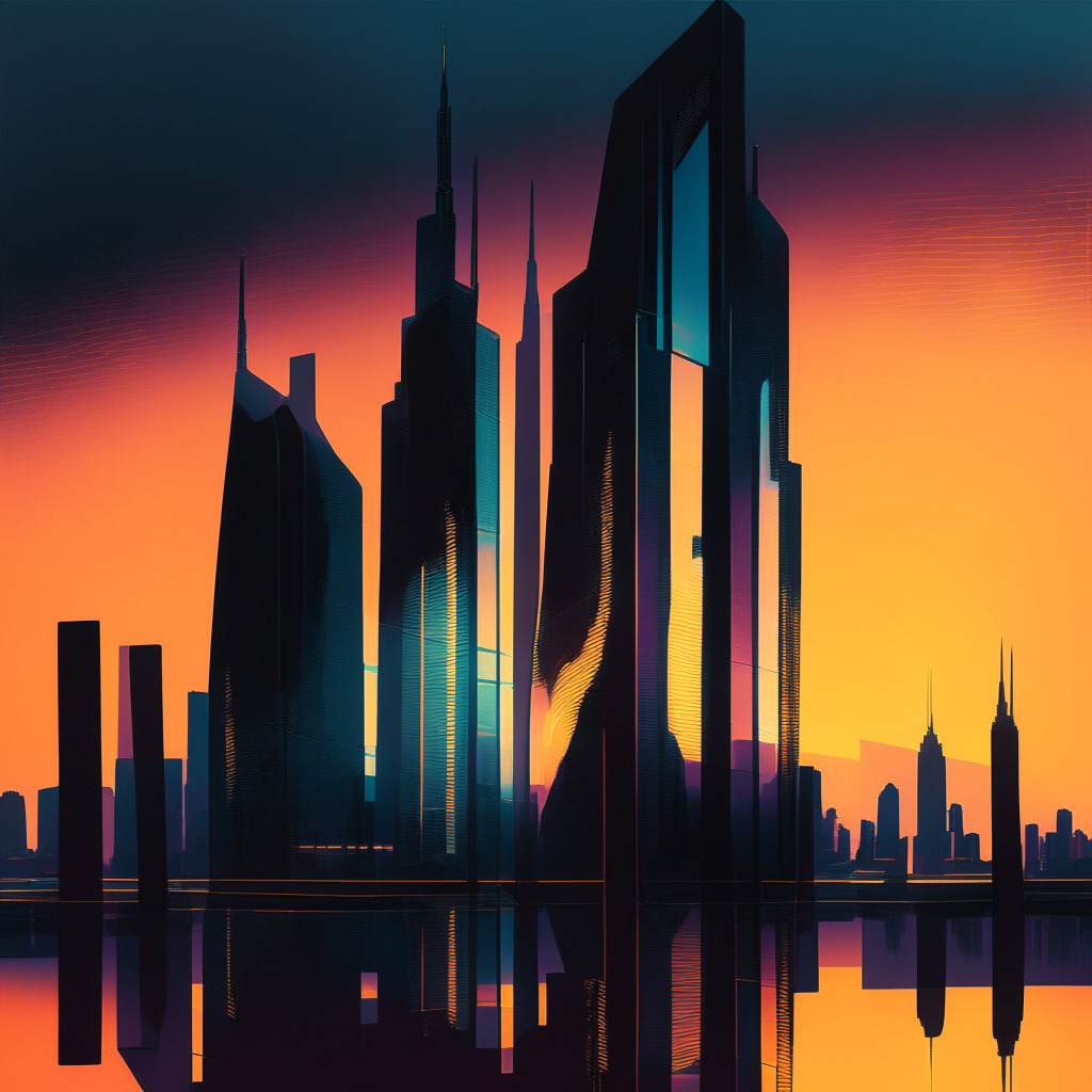 A neo-futurist skyline at dusk with imposing edifices symbolizing established financial institutions and insurance companies. A holographic, translucent representation of an NFT stands out, vibrant yet distinctly separate, illuminated by the last rays of the sinking sun. It casts a shadow on an interactive digital ledger to underline its exclusion. The scene is moody and contemplative, painted in an oil-pastel style, reflecting the design tension and uncertainty in the current financial landscape.