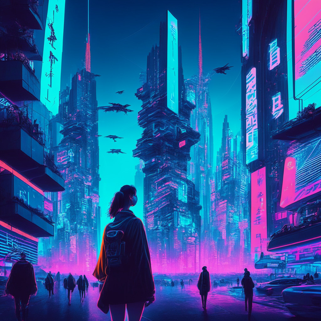 Captivating cityscape of futuristic South Korea, filled with neon light, contrasted by a serene, azure sky. Blockchains float akin to neon signs and a QR code gleams. People with NFT event tickets walk around. All in the style of cyberpunk, evoking a sense of anticipation and revolution.