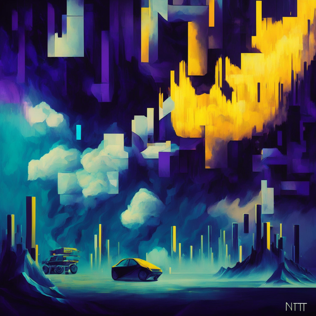 A futuristic canvas with intense debates and divergent views, a juxtaposition of worthless pixels against a backdrop of million-dollar opportunities. Stark, contrasting colors to reflect the conflicted opinions on NFTs, a dimly lit scene for scepticism, bright highlights for optimism. Impressionistic waves in the Ethereum gas usage area hinting at changes in the NFT landscape.