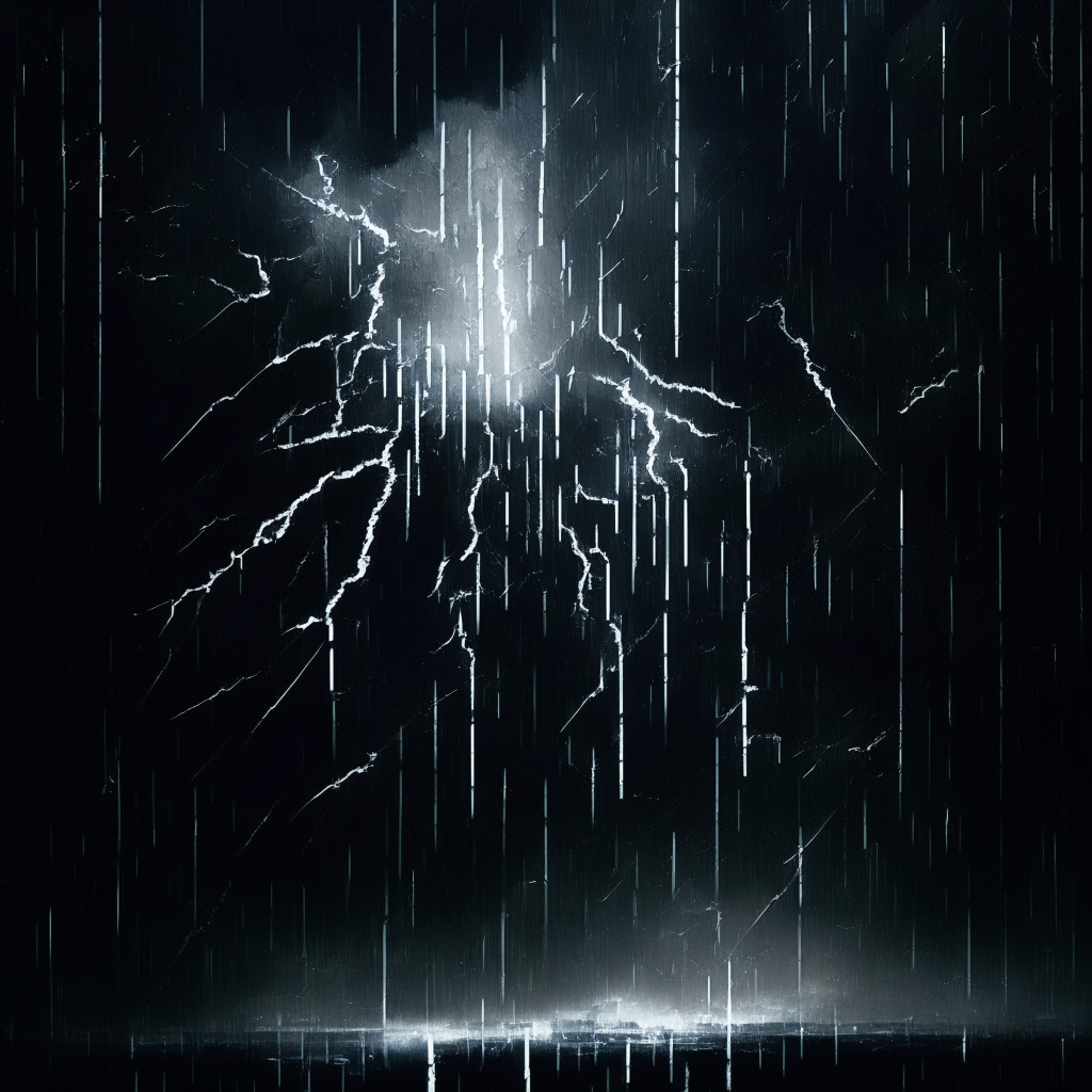 An abstract representation of digital cyberspace, fraught with danger, reminiscent of a stormy, noir-style painting. Lightning strikes symbolize breached firewalls, illuminating blockchain link structures. A visual echo of data leaks, depicted as quickly falling rain. Hints at a growing ominous shadow to signify evolving cyber insecurities. Mood: Gloomy and tension-filled.