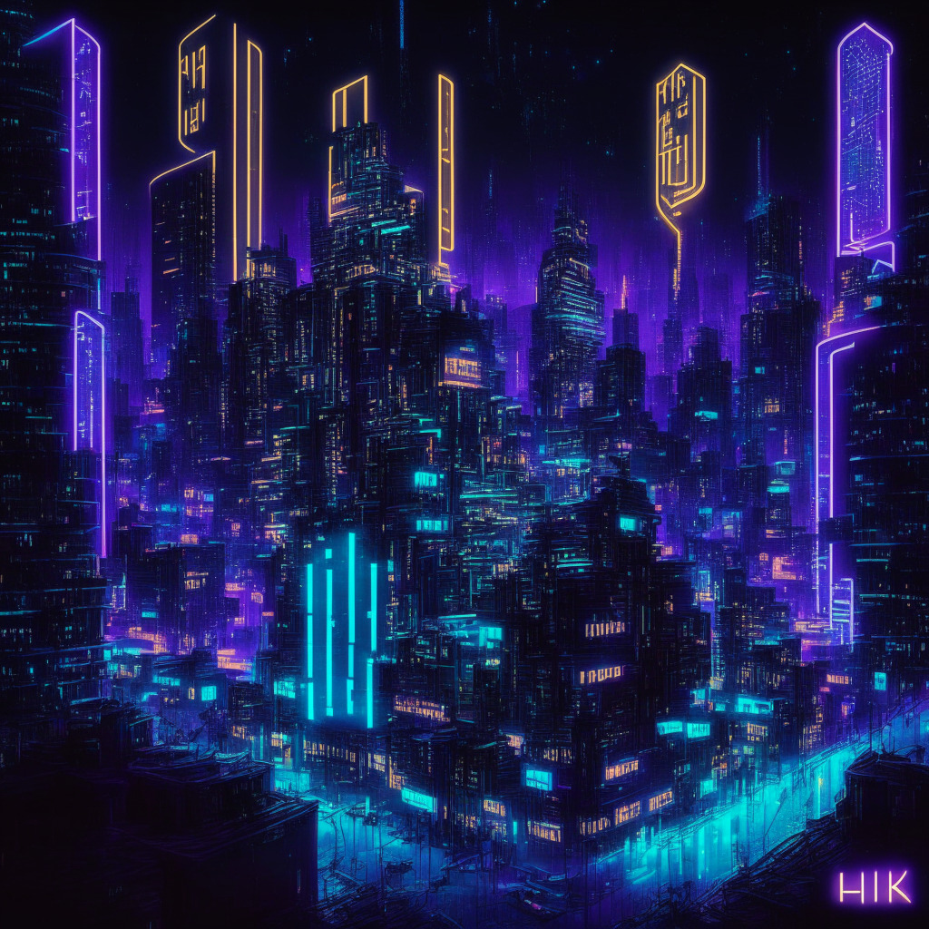 An intricate, night-time, digital cityscape bathed in cool, neon hues, symbolizing decentralization and blockchain. High-tech high-risers with buzzing meme-crypto tokens floating around, central building proudly donning 'FLOKI INU' glowing sign, denoting its presence. In lower third, unmarked shady silhouettes, embodying rumors and allegations. Ethereal illumination from the neon lights, casting long, dramatic shadows, accentuate the mood of mystery and intrigue.