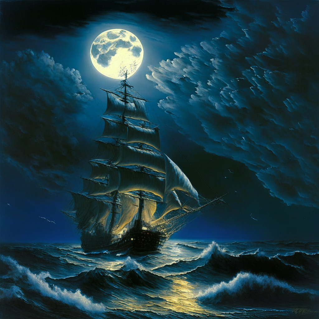 A stormy financial seascape at twilight, where a once grand ship named 'Terra Luna Classic' is struggling in turbulent waters, displaying decline and struggles. In contrast, a new vessel 'Wall Street Memes' sails in gleaming under the moonlight, radiating optimism and growth. A hovering barometer gives indicating an uncertain atmosphere.