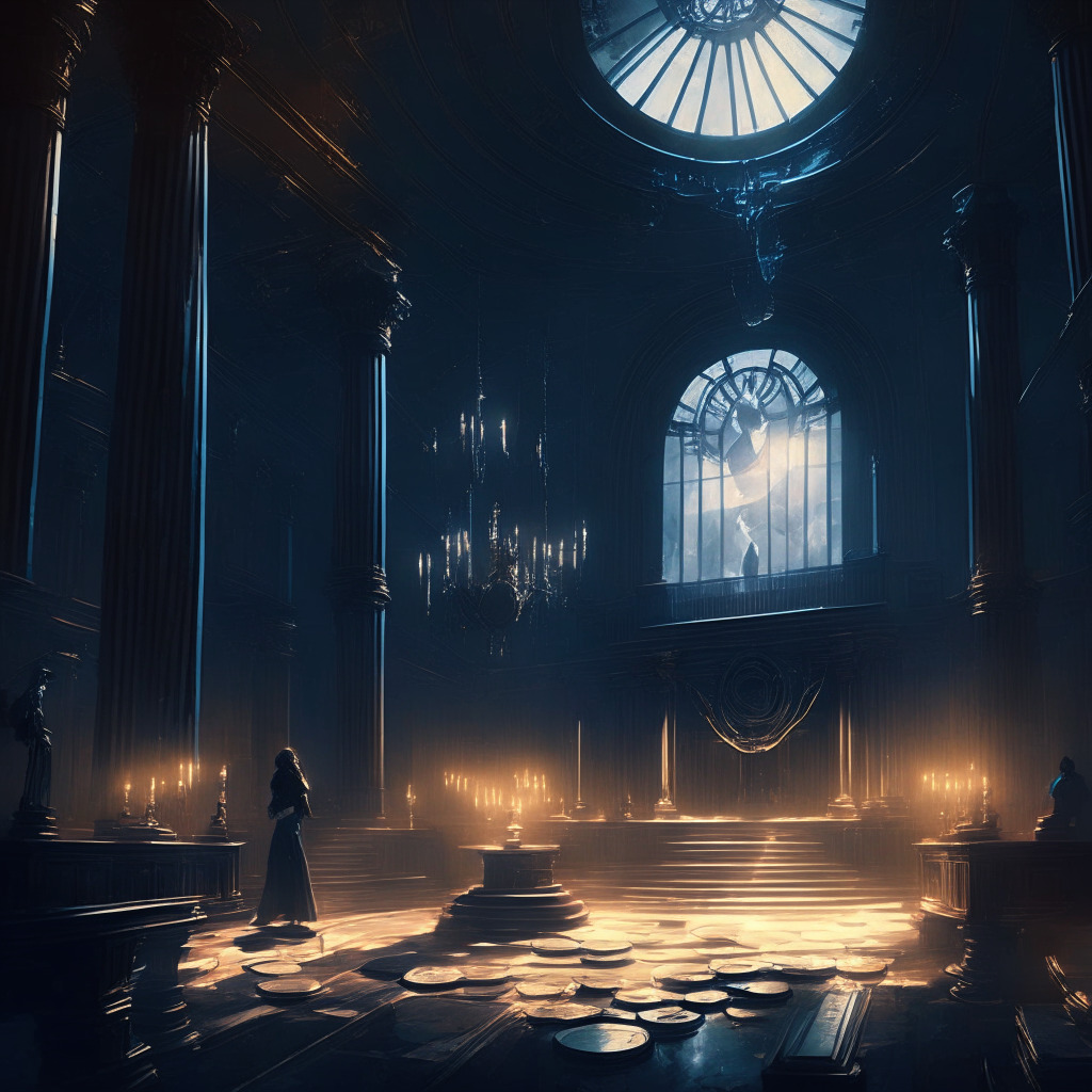 Opulent courtroom interior in twilight hues, two phantom figures debating, neo-gothic style, glistening digital coins scattered in the background, hint of tension. A contrasting glow from an etheric, unpredictable cryptosphere brightly illuminating the scene, amplifying its dramatic mood.