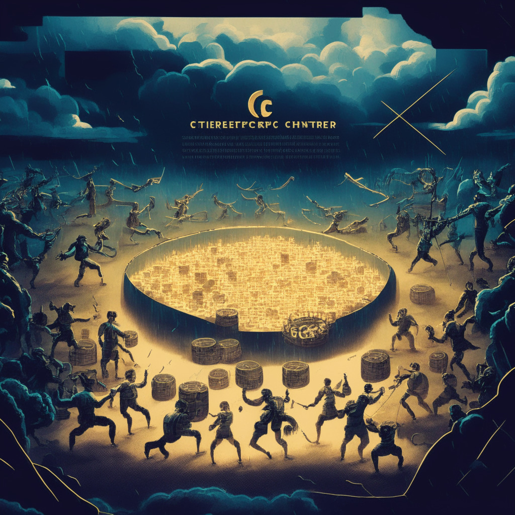 A dramatic scene of a digital arena representing the volatile crypto exchange, under a stormy sky reflecting the high-stakes tension. In the center, a golden token labeled 'CYBER', surrounded by miniature figures - showing the tug-of-war between traders and stakeholders. The background hosts a looming frozen wallet, symbolizing blocked funds, casting long shadows. The color palette evokes uncertainty and caution to represent the controversial decisions.