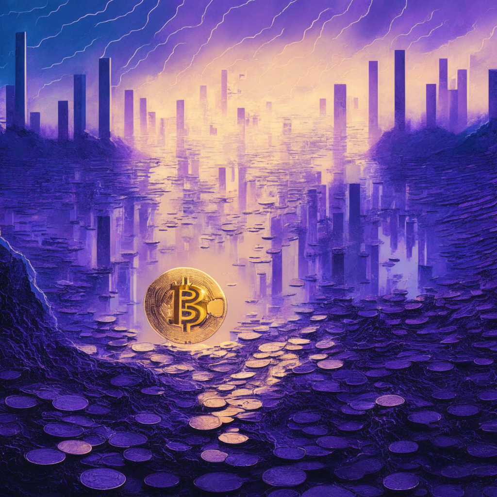 An impressionistic digital cityscape at dawn, awash in cool hues of dawn blues and purples. In the foreground, a giant golden Bitcoin amidst a sea of smaller, less prominent coins, all locked in a race on an ascending, zigzagging path. High above, a larger path forms the shape of a $26,500 hurdle with a bearish shadow looming. The city skyline in the background hints at potential highs of the $27,000 and $28,000 milestones. The atmosphere should feel tense and expectant, reflecting the skeptical yet curious sentiment of investors contemplating the surge in Bitcoin's value.